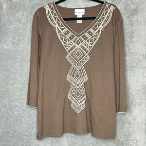 Alfred Dunner Large Shirt Top Brown Geometric 3/4‎ Sleeve V Neck Cotton Textured